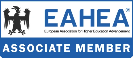 Logo EAHEA — vultur bicefal negru, text European Association for Higher Education Advancement, Associate Member.