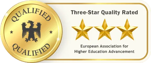 Sigiliu auriu cu vultur bicefal și textul QUALIFIED, alături de trei stele aurii — Three-Star Quality Rated de European Association for Higher Education Advancement.