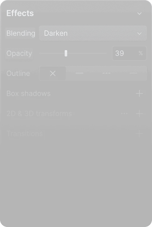 Panoul Effects din Figma: blending mode Darken, opacitate 39%, fără contur.