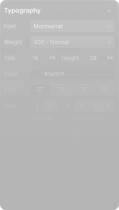Panoul de tipografie din Figma: Montserrat 400, 16px, line-height 28px, aliniere la stânga.