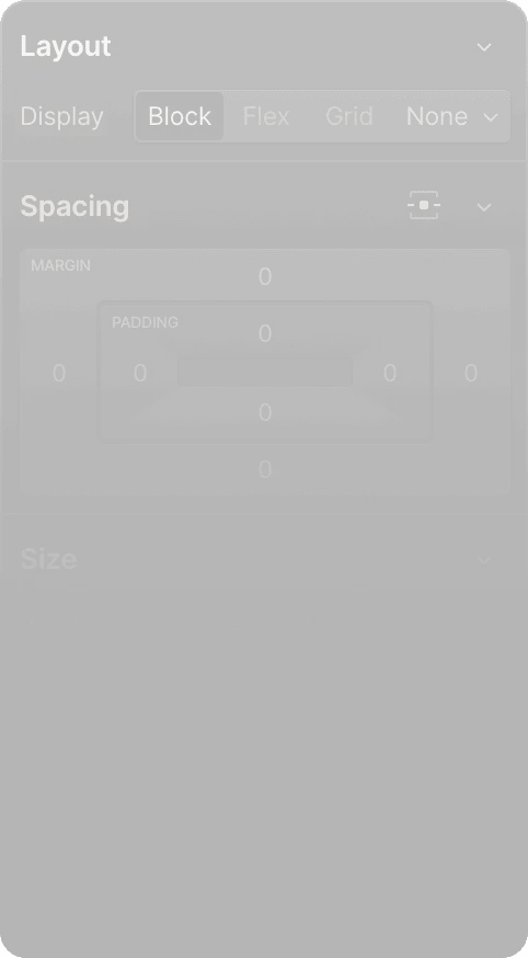 Panoul de layout din Figma: Display Block, margin și padding pe 0.