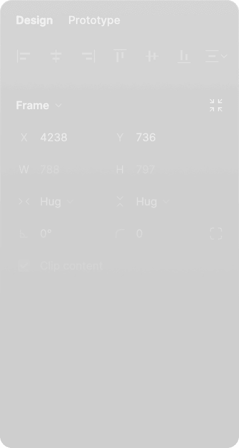Panoul Design din Figma: poziție X 4238, Y 736, lățime 788, înălțime 797, clip content activ.