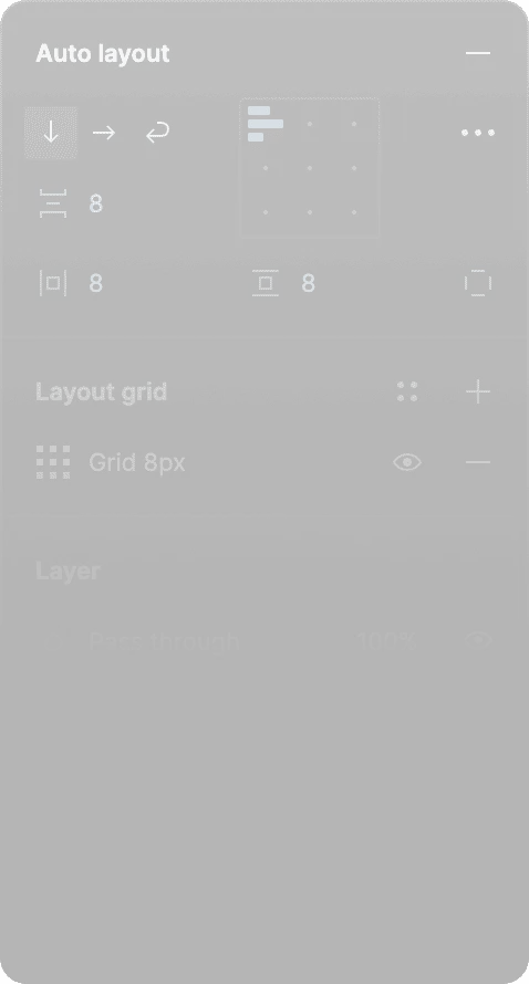 Panoul Auto Layout din Figma: direcție, spațiere, aliniere și grilă vizibilă.