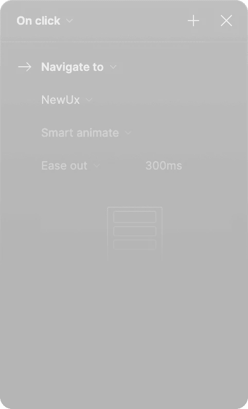 Panoul de prototyping din Figma: On click → Navigate to, Smart animate, ease out 300ms.