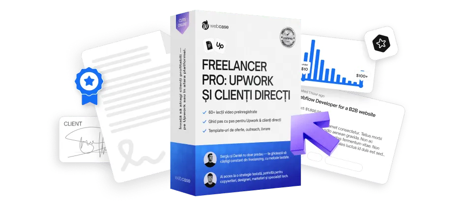 3D box for Freelancer Pro: Upwork and Direct Clients course with icons showing contract, client badge, earnings chart, and a project overview with a purple arrow.