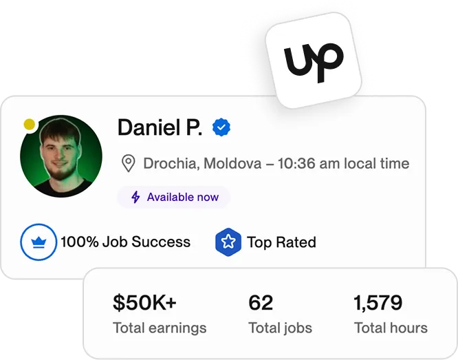 Upwork profile summary of Daniel P. from Drochia, Moldova showing 100% job success, top rated badge, over $50K total earnings, 62 total jobs, and 1,579 total hours worked.