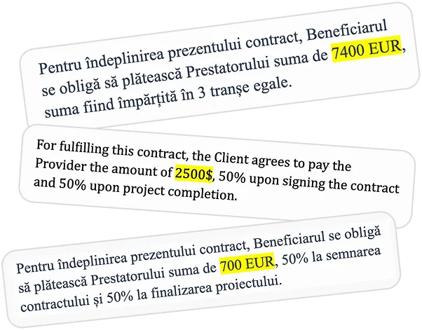 Three contract payment clauses in Romanian and English, highlighting payment amounts: 7400 EUR, 2500 USD, and 700 EUR, with details about installment splits.