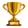 Gold trophy cup with handles on a wooden base.