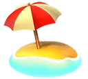Small tropical island with a red and yellow umbrella and a beach chair.