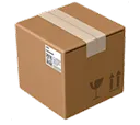 Closed cardboard shipping box with packing tape and handling symbols on brown background.