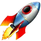 Silver and red cartoon rocket with fire flames coming out of its engines.