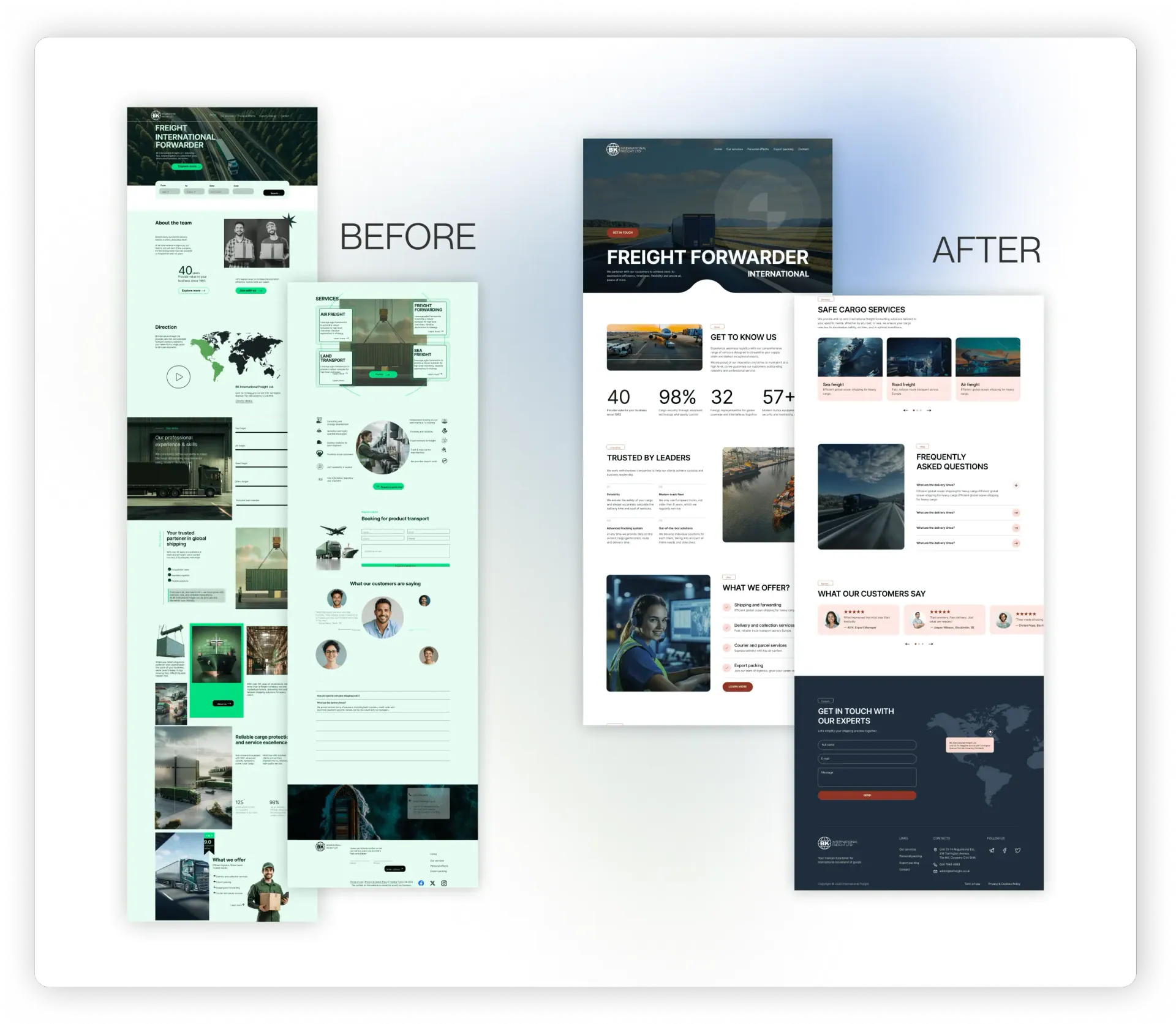 Exemplu Before & After de redesign website realizat de studenții cursului UI/UX Bilet spre Libertate: proiect inițial simplu și aglomerat transformat într-un design modern, structurat și profesionist.