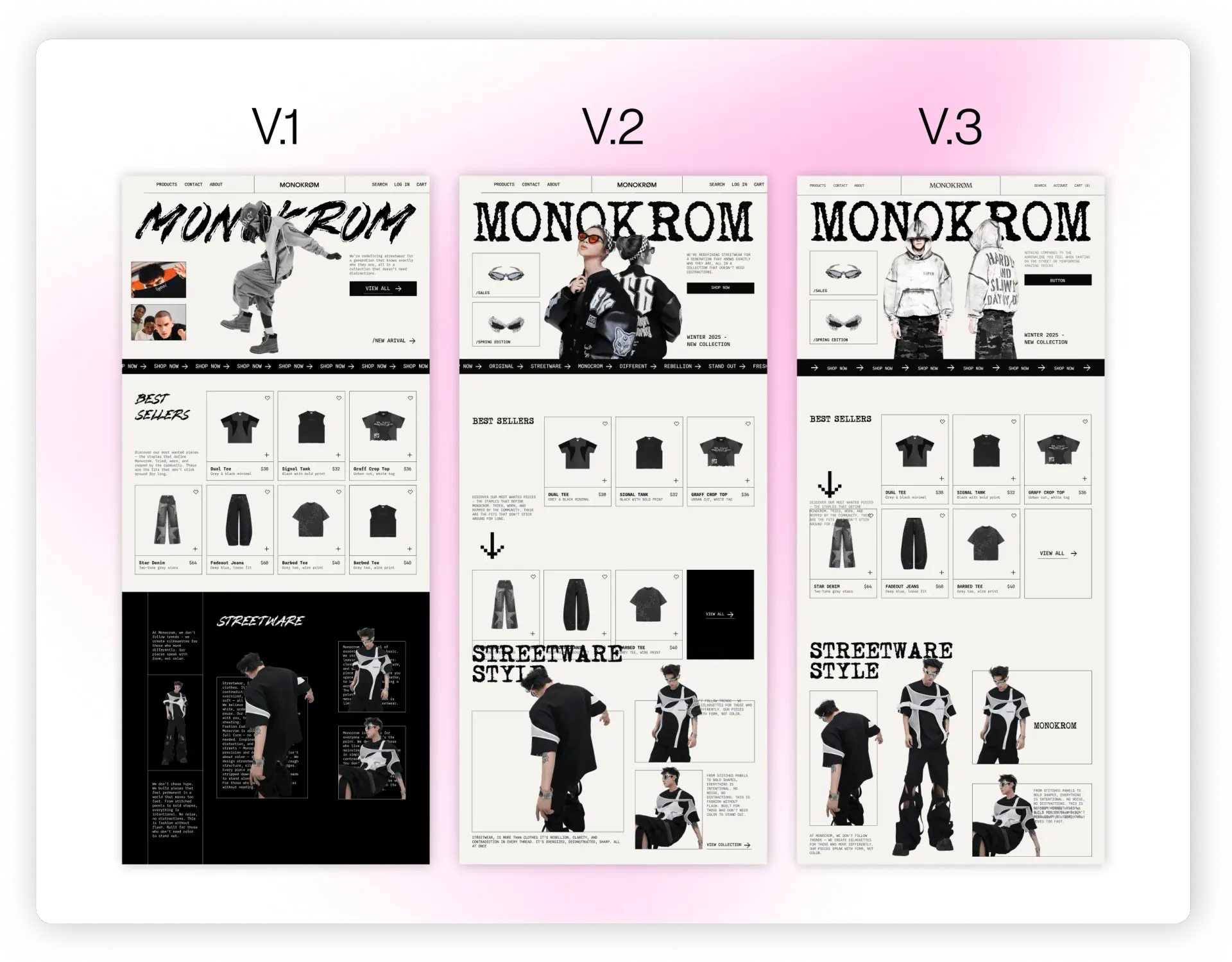 Exemplu de iterații în design UI/UX realizate de studenți la cursul Bilet spre Libertate: trei versiuni succesive (V.1, V.2, V.3) ale unui website de modă streetwear, îmbunătățite pas cu pas.