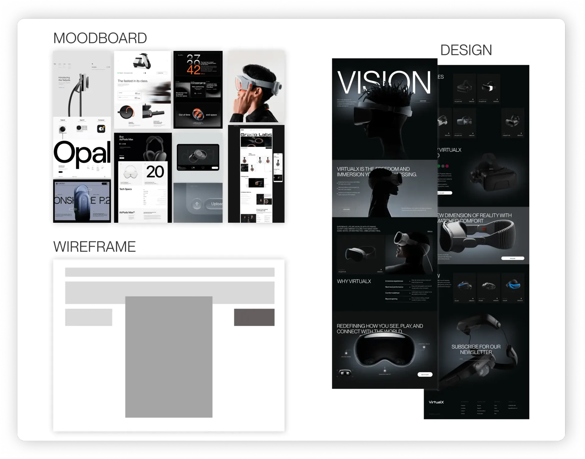 Exemplu de proces UI/UX realizat de studenți la cursul Bilet spre Libertate: mood board de inspirație, prototip low-fidelity și design final pentru un website de prezentare a ochelarilor VR.