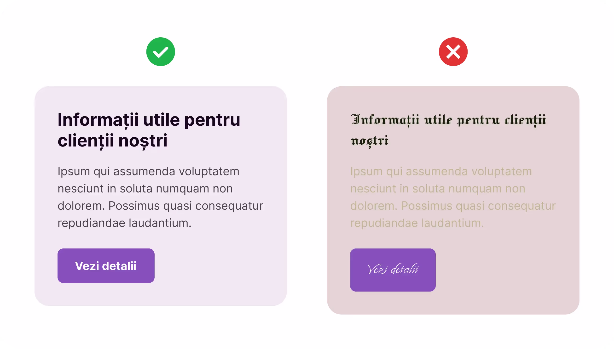Comparație între un exemplu corect și unul greșit de lizibilitate în design