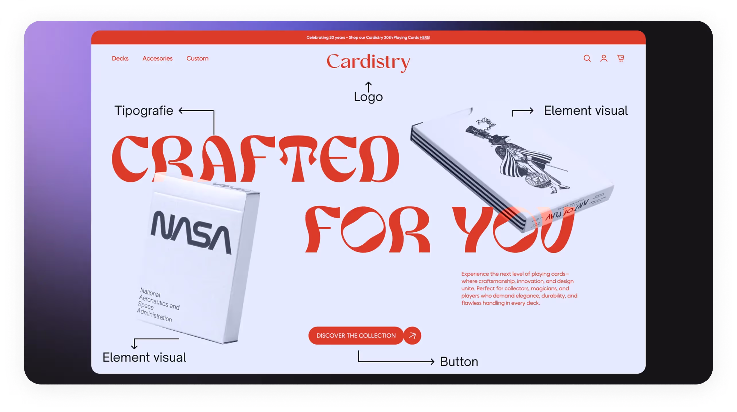 Exemplu de pagină web cu elemente UI evidențiate: logo, tipografie, buton și elemente vizuale.