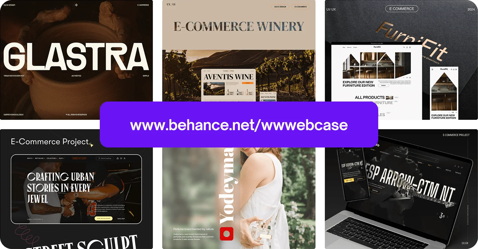Exemple de proiecte UI/UX de tip e-commerce publicate pe Behance, realizate de studenți Webcase.