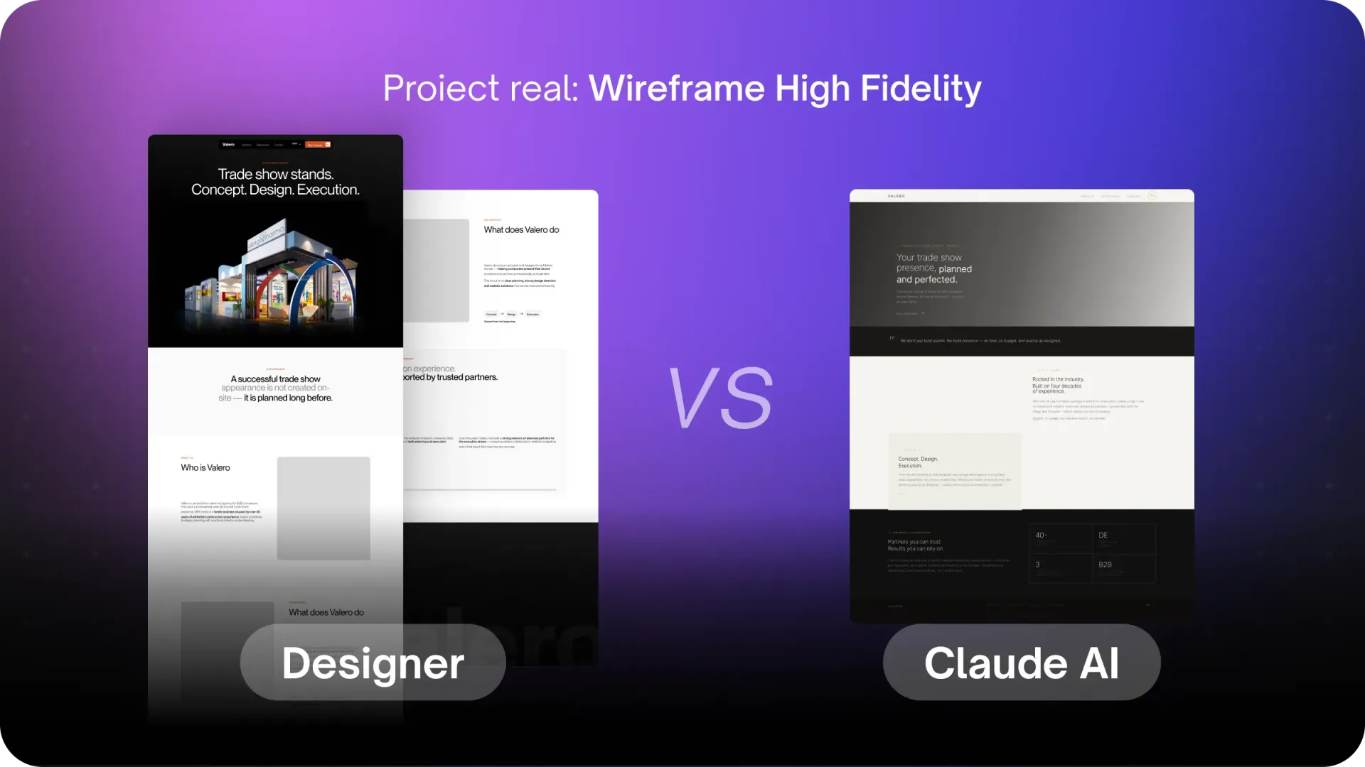 Comparație între un proiect web creat de un designer și unul generat cu Claude AI pornind de la același wireframe high fidelity