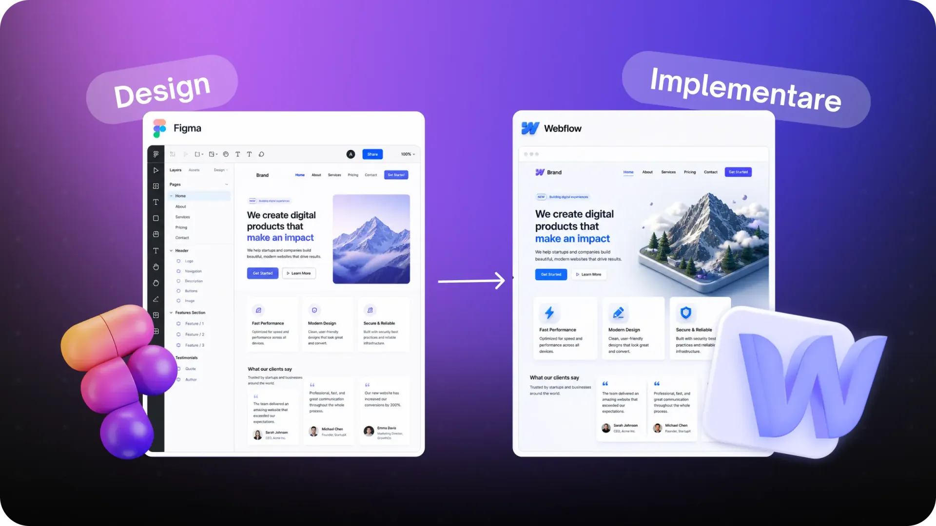 Design realizat în Figma și implementat în Webflow pentru transformarea unui concept UI într-un website funcțional