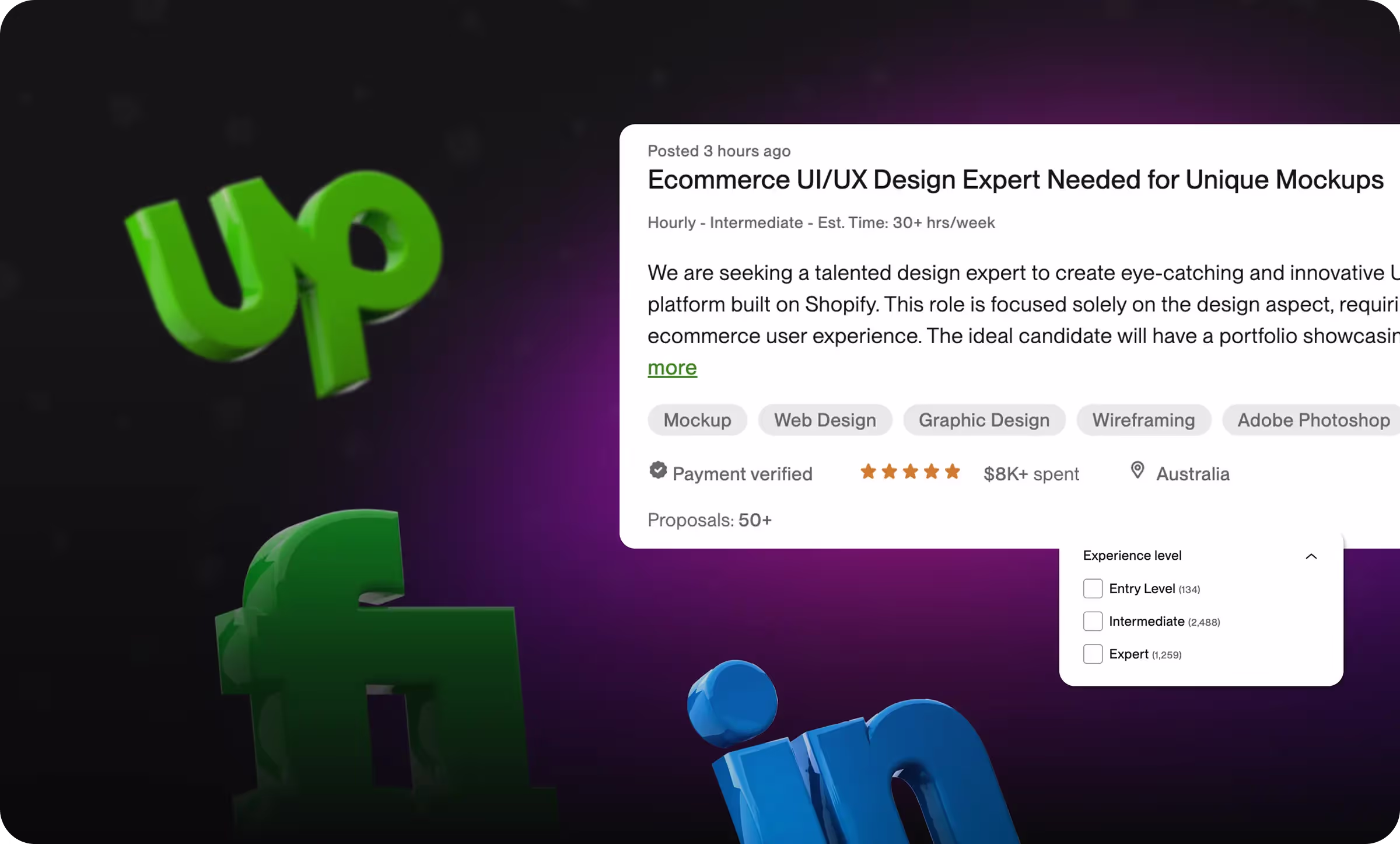 Captură din Upwork cu un anunț activ pentru poziția de Ecommerce UI/UX Designer